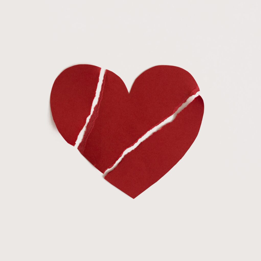 top view paper heart shape broken